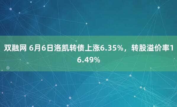 双融网 6月6日洛凯转债上涨6.35%，转股溢价率16.49%